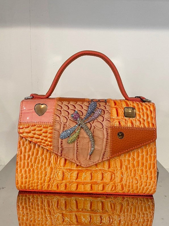 Michelangelo Multicolor Orange Tone Leather Dragonfly Handbag Purse