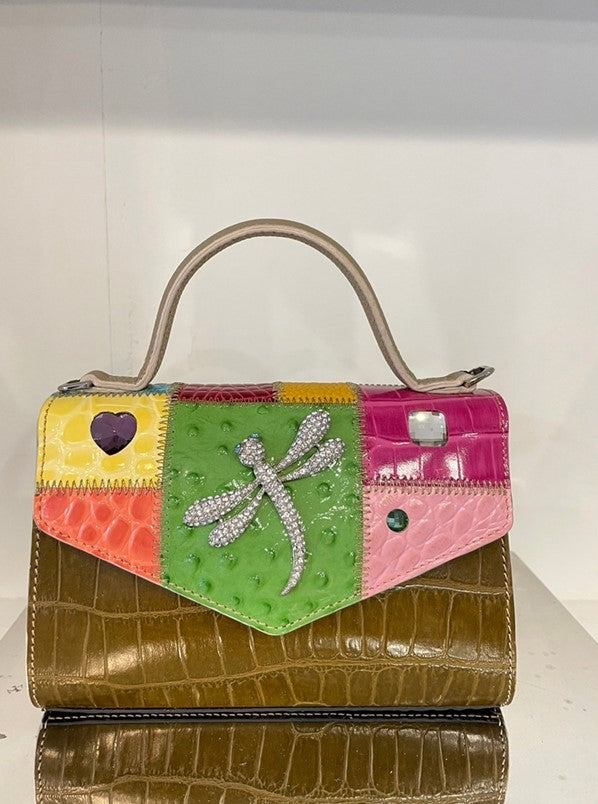 Michelangelo Bright Multicolor with Earth Tones Leather Dragonfly Handbag Purse