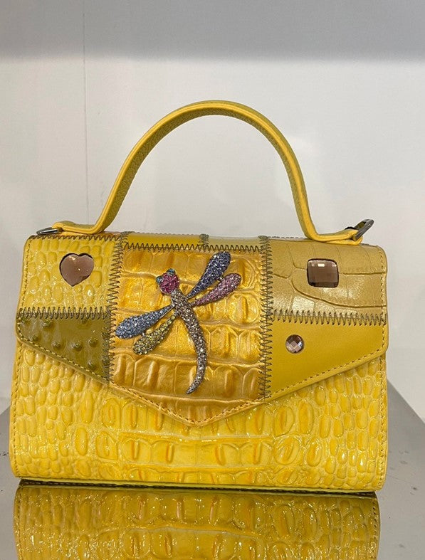 Michelangelo Multicolor Yellow Tones Leather Dragonfly Handbag Purse