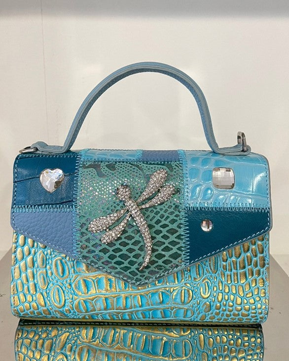 Michelangelo Multicolor Blue Tones Leather Dragonfly Handbag Purse