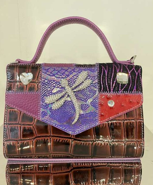 Michelangelo Multicolor Purple & Brown Tones Leather Dragonfly Handbag Purse