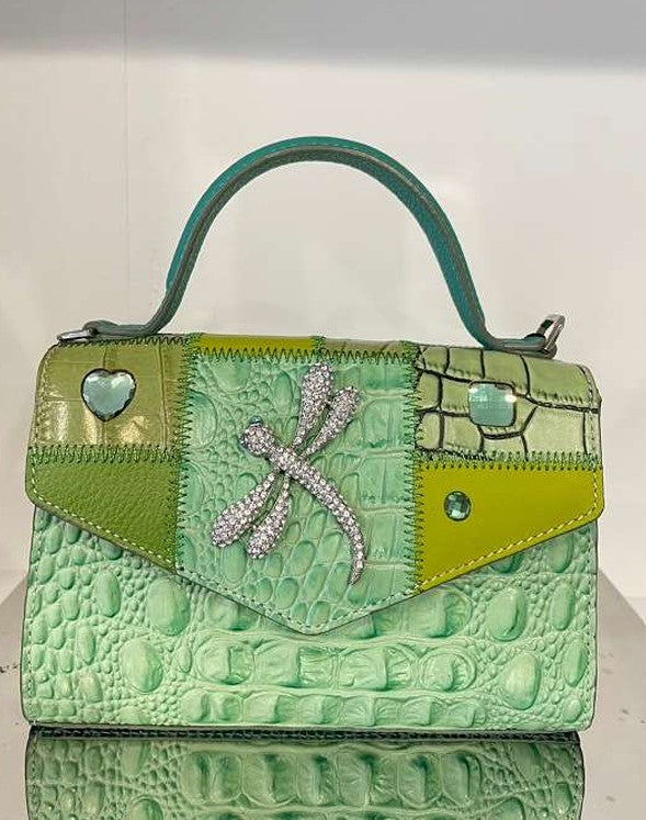 Michelangelo Multicolor Bright Green Tones Leather Dragonfly Handbag Purse