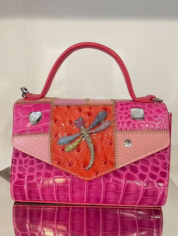 Michelangelo Multicolor Pink & Orange Leather Dragonfly Handbag Purse