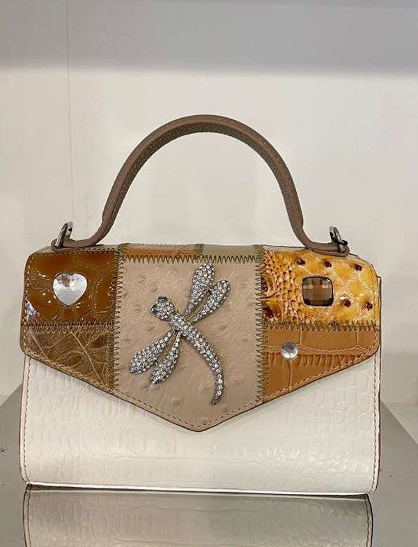 Michelangelo Multicolor White with Earth Tones Leather Dragonfly Handbag Purse