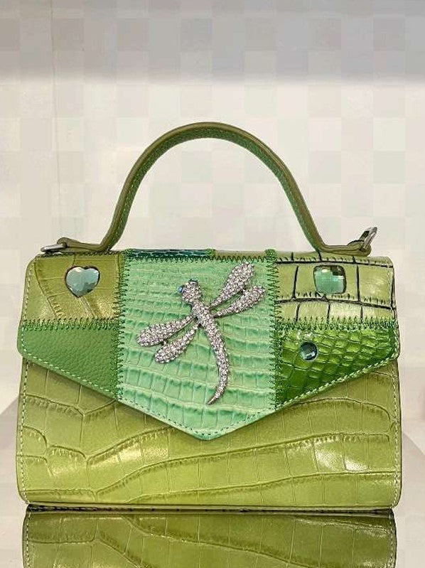 Michelangelo Multicolor Lime Green Tones Leather Dragonfly Handbag Purse