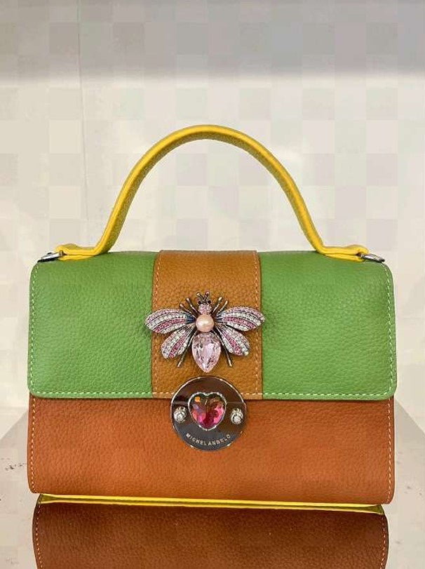 Michelangelo Multicolor Green & Brown Tones Leather Bumblebee Handbag Purse