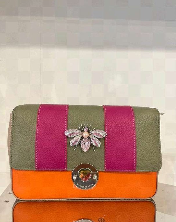 Michelangelo Multicolor Green Orange & Purple Leather Bumblebee Clutch Purse