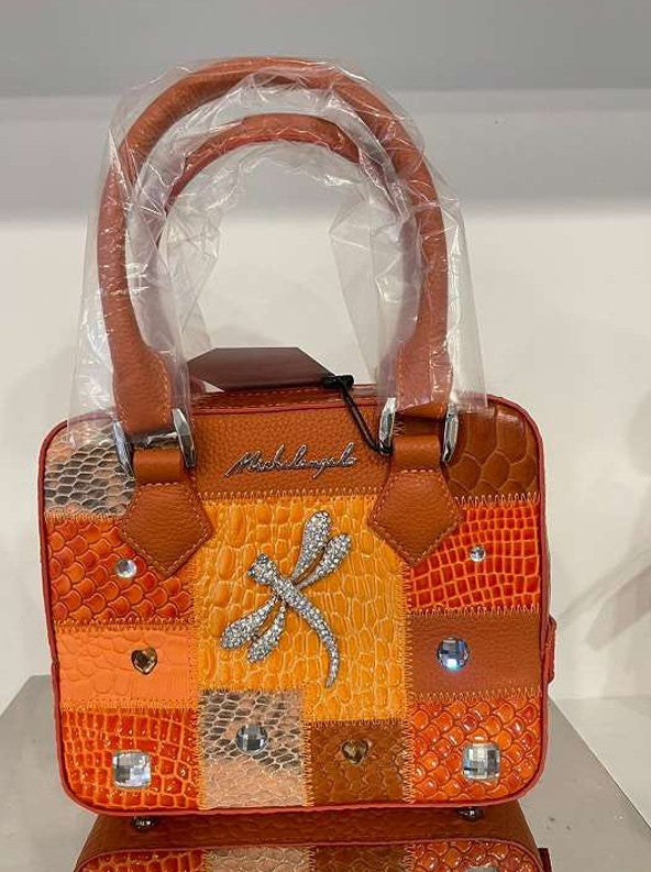 Michelangelo Multicolor Orange & Red Leather Dragonfly Handbag Purse