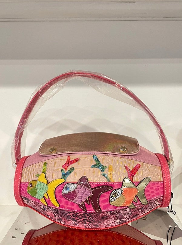 Michelangelo Multicolor Pink Tone Leather Fish Oval Case Handbag Purse