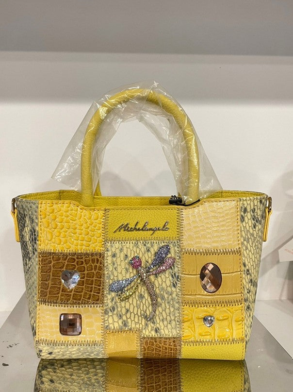 Michelangelo Multicolor Yellow & Earth Tone Leather Dragonfly Handbag Purse