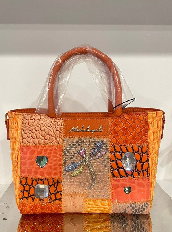 Michelangelo Multicolor Orange & Earth Tone Leather Dragonfly Handbag Purse