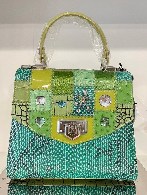 Michelangelo Multicolor Vibrant Green & Yellow Tones Leather Handbag Purse