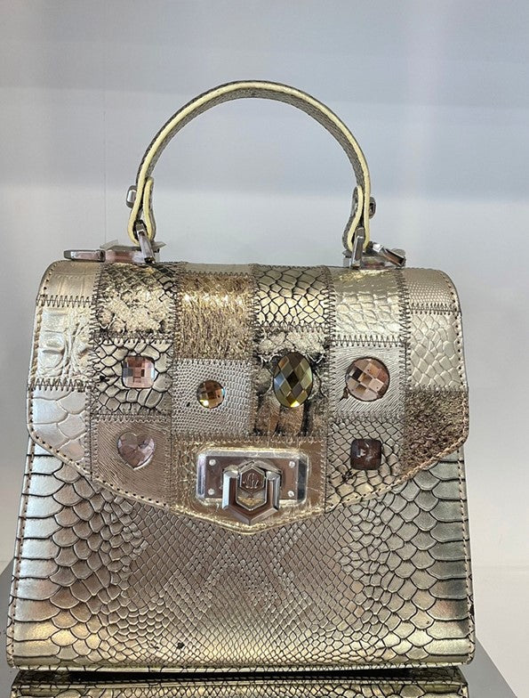 Michelangelo Multicolor Metallic Shiny Silver Shades Leather Handbag Purse