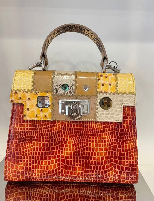 Michelangelo Multicolor Yellow & Beige with Red Orange Shades Leather Handbag Purse