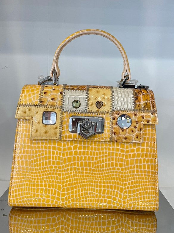 Michelangelo Multicolor Yellow & White Shades Leather Handbag Purse