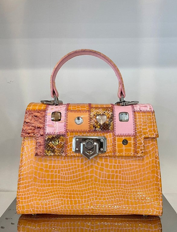 Michelangelo Multicolor Orange & Pink Shades Leather Handbag Purse