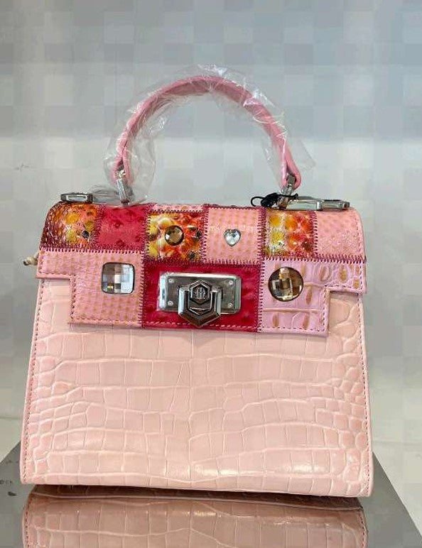 Michelangelo Multicolor Pink with Red Shades Leather Handbag Purse