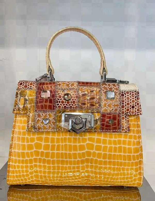 Michelangelo Multicolor Yellow with Earthly Shades Leather Handbag Purse