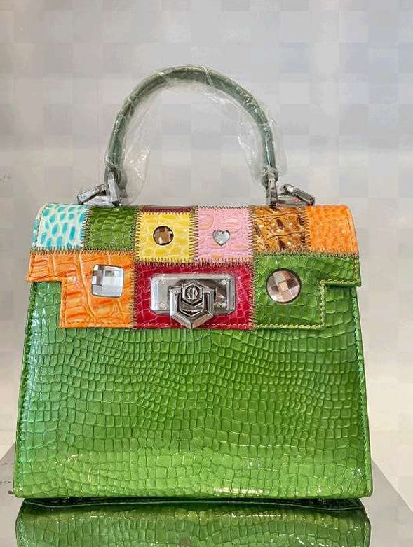 Michelangelo Vibrant Green with Multicolored Shades Leather Handbag Purse