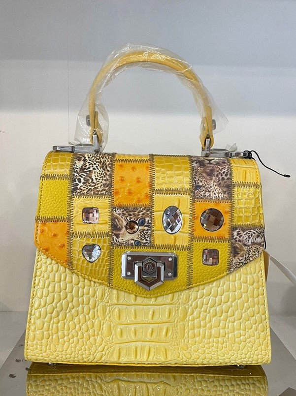 Michelangelo Multicolor Yellow with Orange & Silver Leather Handbag Purse