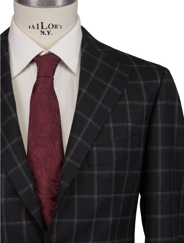 Cesare Attolini Cashmere Blend Black Windowpane Sport Coat Size 36