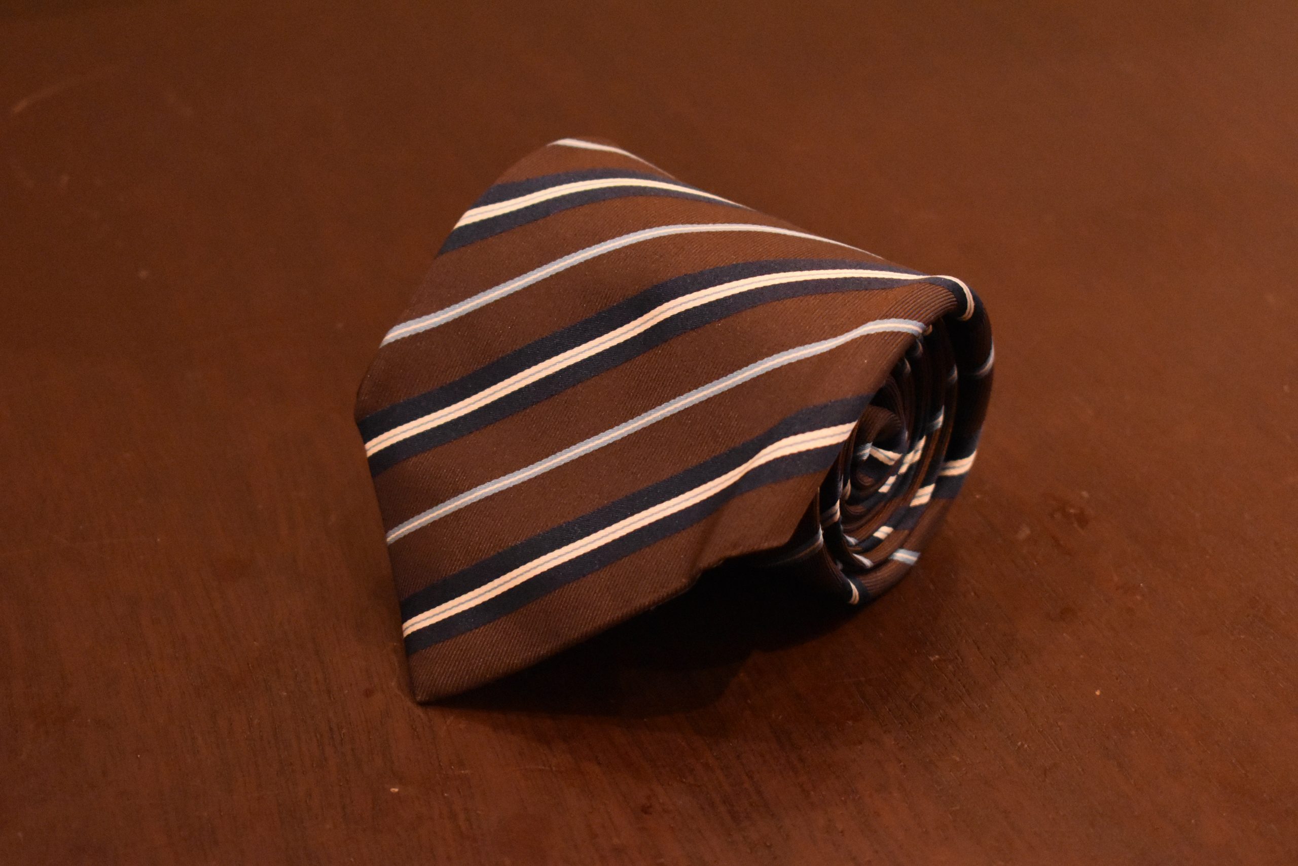 Cesare Attolini Brown with Blue & White Striped Pure Silk Necktie – Atkins